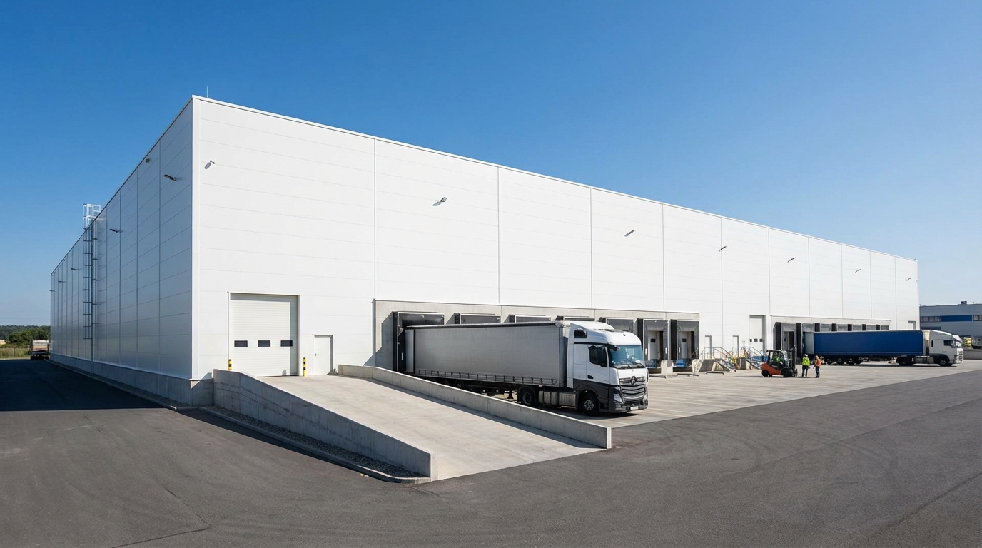 Completed straight-wall warehouse with loading ramp — turnkey construction result