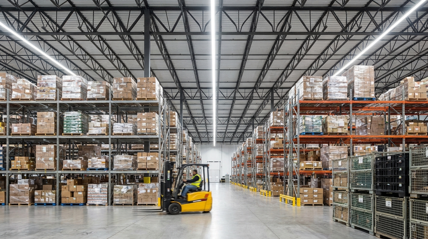 Warehouse interior — rack storage and cargo gates